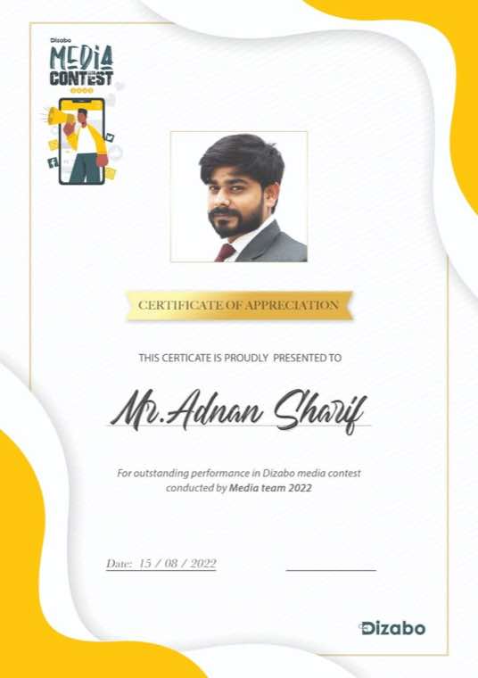 Certificate of Appreciation — Media Contest, Dizabo Super App, Dubai